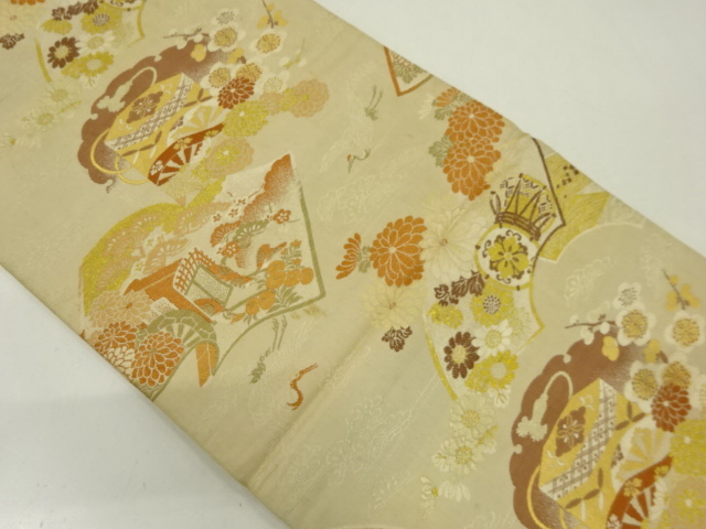 JAPANESE KIMONO / ANTIQUE MARU OBI / WOVEN HANDY DRUM & CRANE